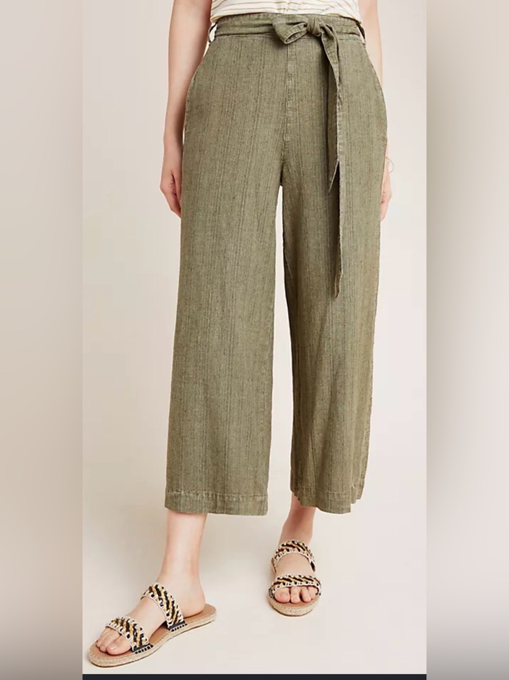 Anthropologie Overdyed Cropped Wide-Leg Pants, Linen Cotton Blend - Olive Green